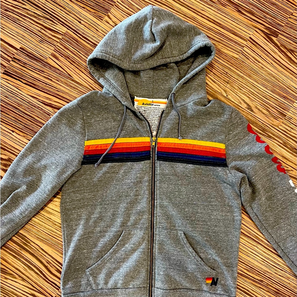 Aviator Nation Heather Grey 5 Stripe Hoodie size Large